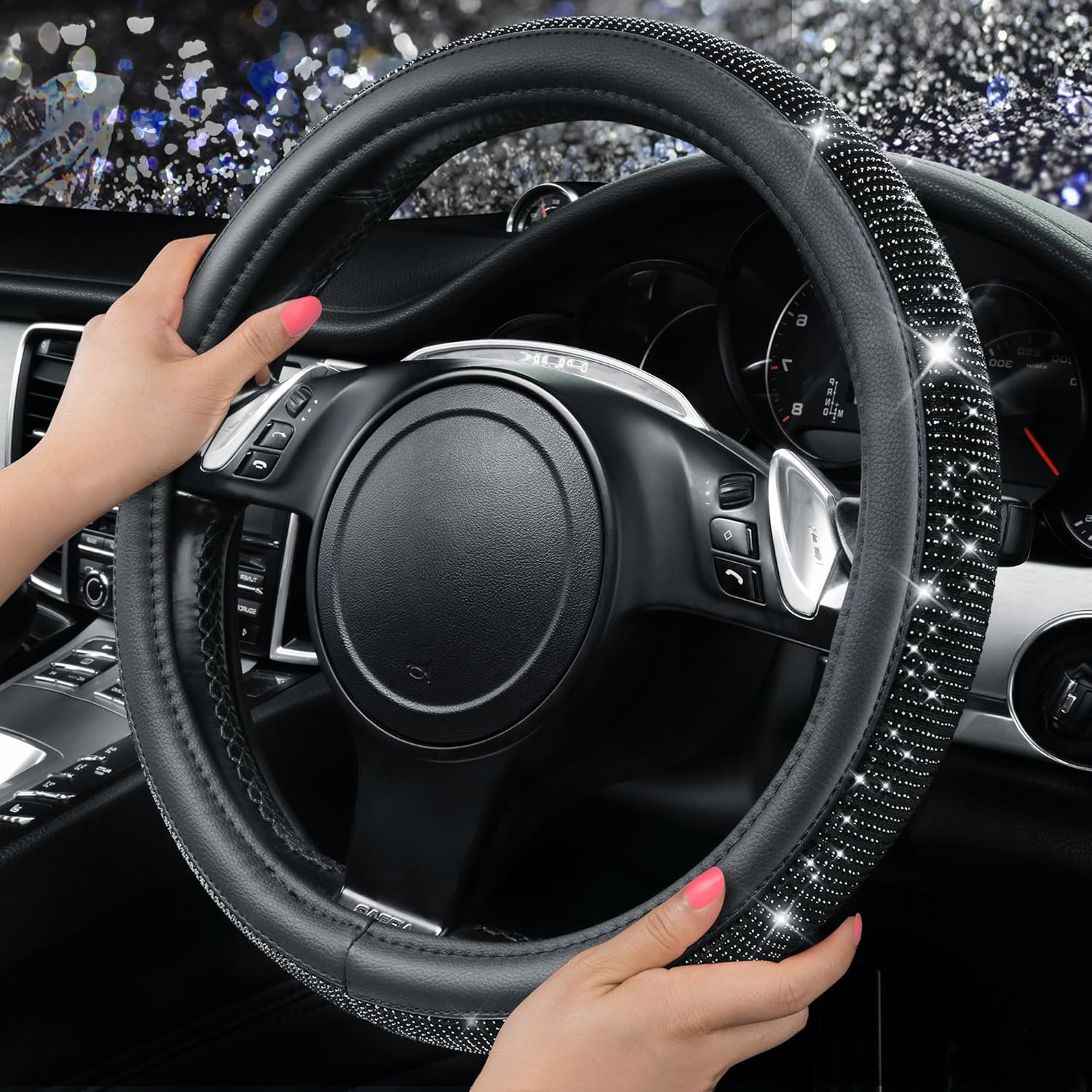 Bling Diamond Leather Steering Wheel Cover, With Sparkly Crystal Glitter Rhinestones Universal Fit 14"1/2-15" Car