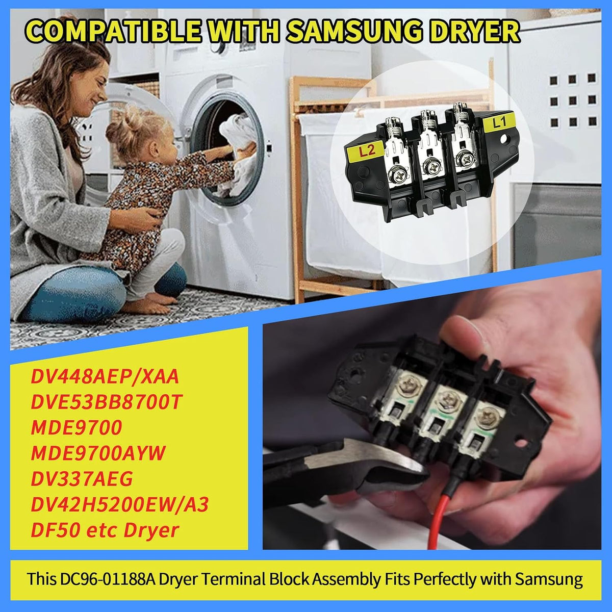 DC96-01188A Dryer Terminal Block Assembly Compatible with Samsung DV448AEP/XAA DVE53BB8700T MDE9700 DV337AEG MDE9700AYW DV42H5200EW/A3 etc Dryer, Replace # 2074197 AP4207835 PS4216924 EAP4216924