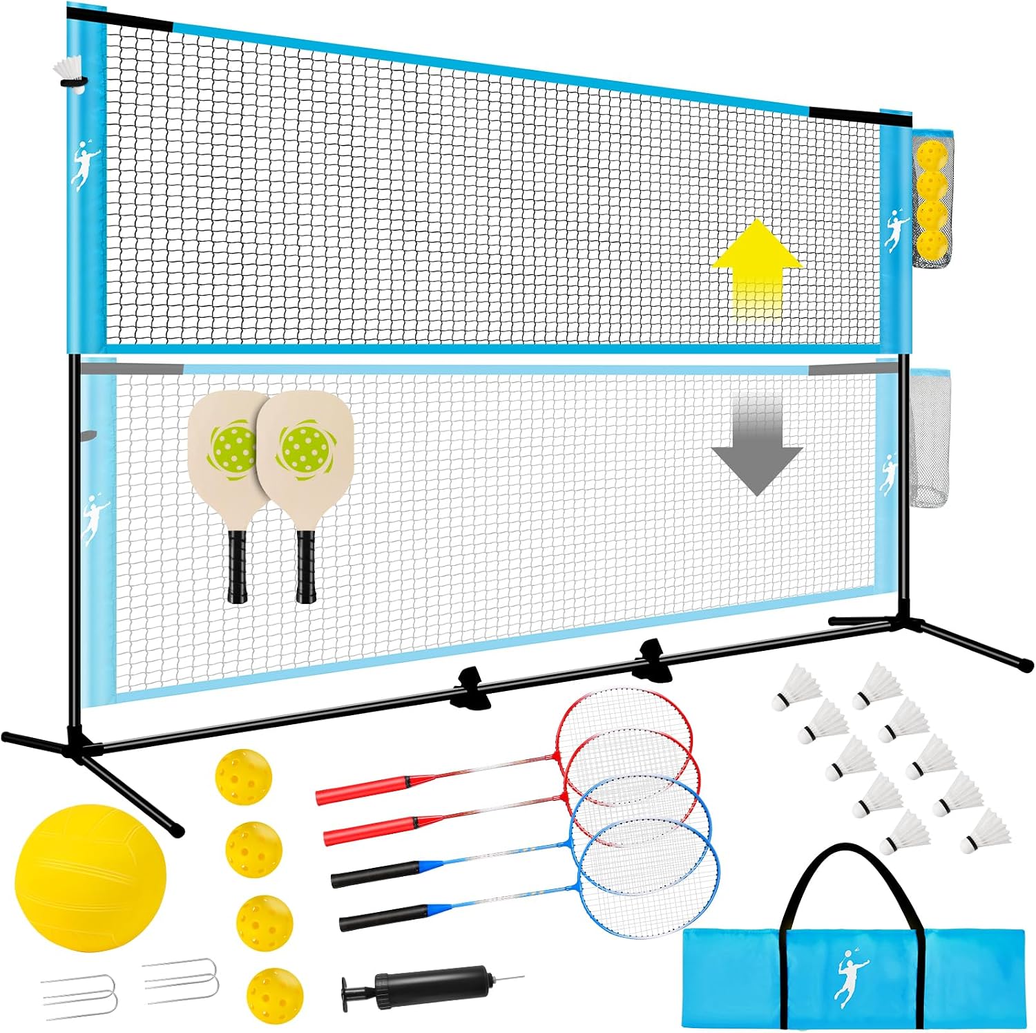 Pickleball Badminton Net Set for Backyards, All-in-One Portable Volleyball Combo Set with Adjustable Net, Volleyball
