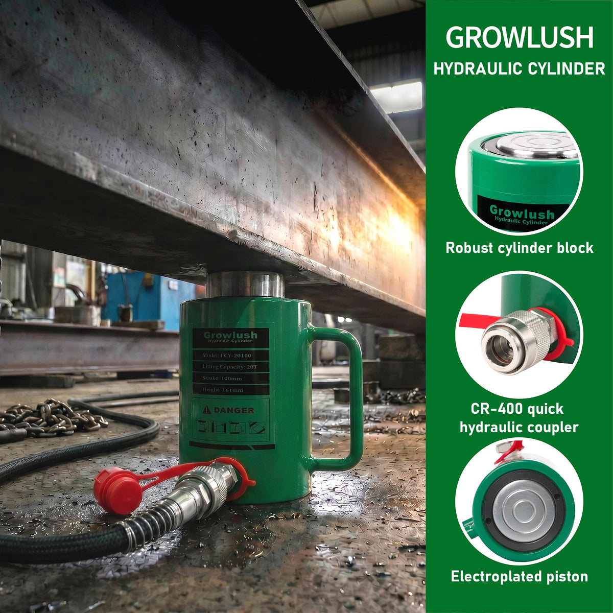 Growlush 20T Single-Acting Hydraulic Cylinder, 50mm(2") Stroke