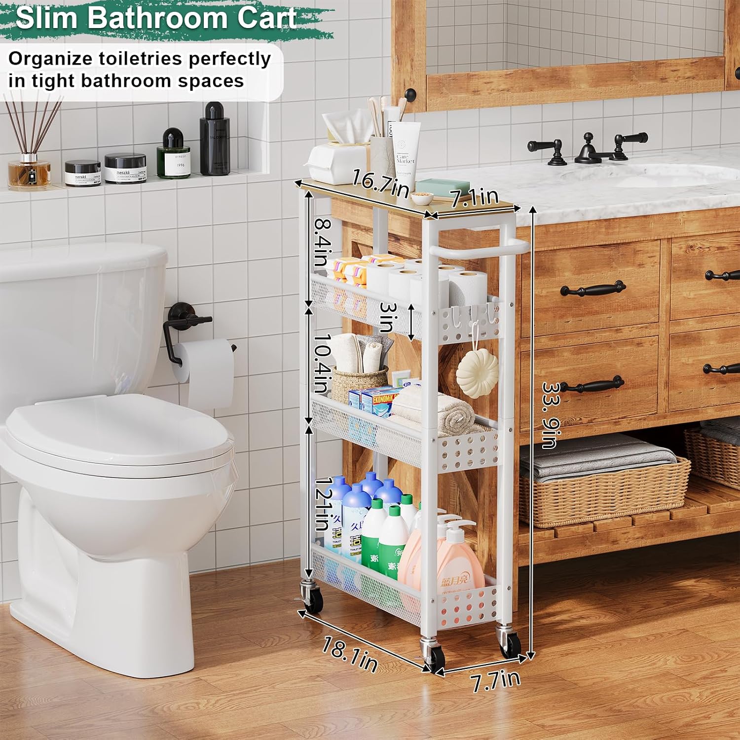 Utility Slim Rolling Cart with Table Top, Narrow Laundry Room Organization and Storage Shelves for Between Washer and