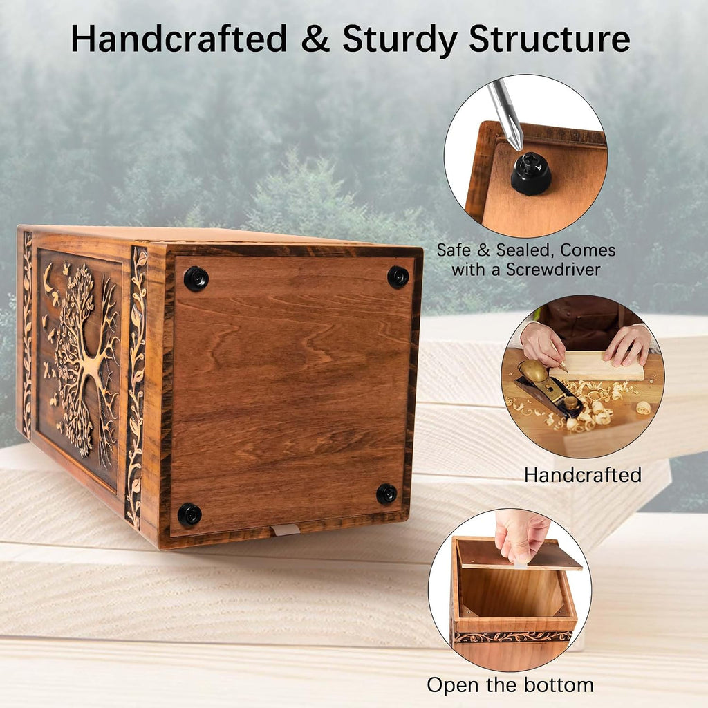 Wooden Cremation Urn for Human Ashes Adult Male Female 250 lbs, Engraved Tree of Life Decorative Funeral Urns Box and