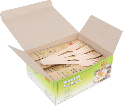 Disposable Wooden Forks Paper Wrapped | Pack of 100-6.5" Forks | 100% All-Natural, Eco-Friendly, Biodegradable, and