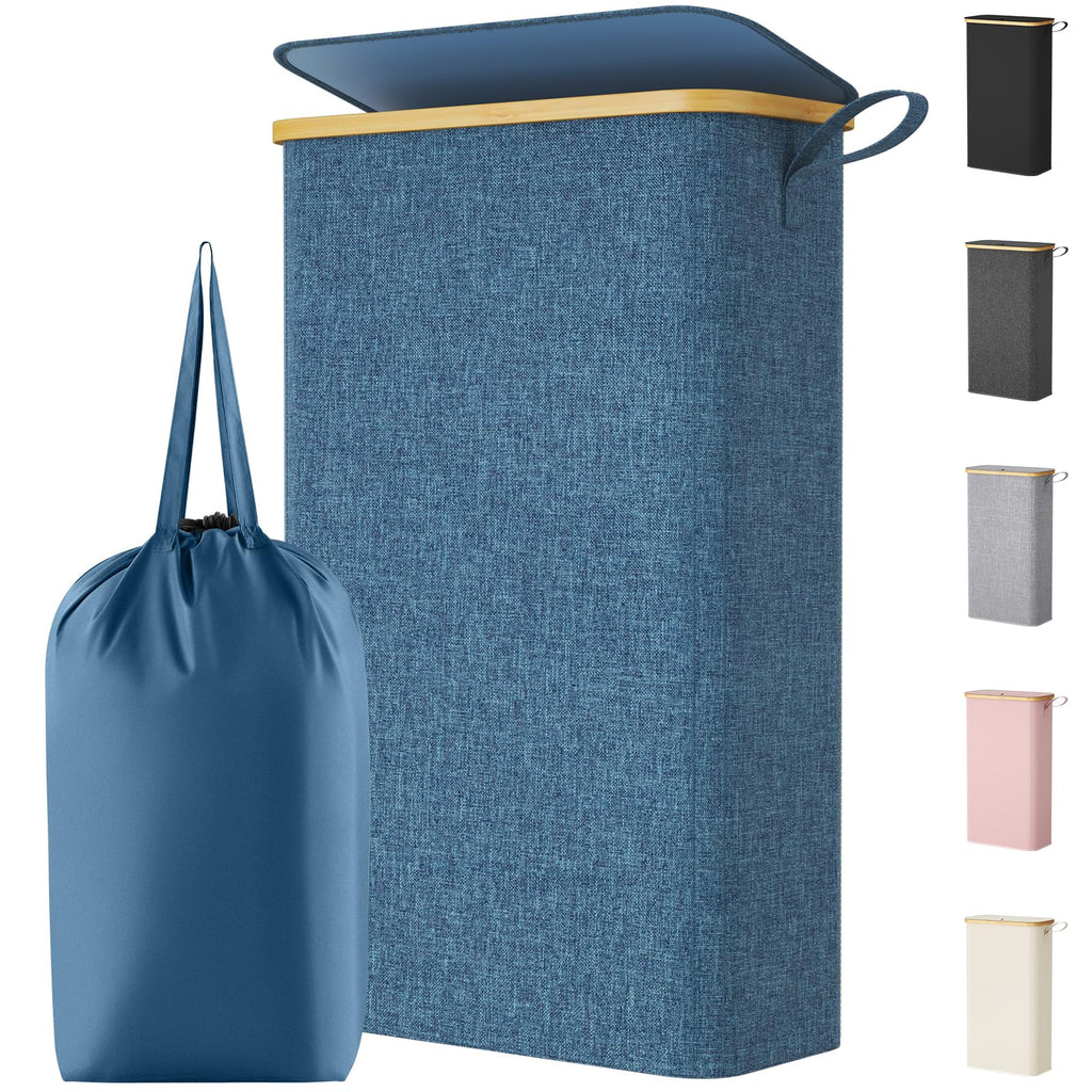 65L Slim Laundry Hamper with Lid and Removable Bag, Dark Blue