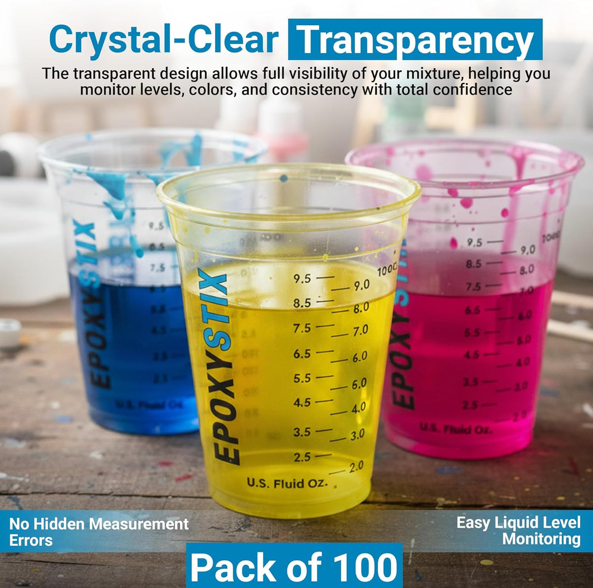 [100 Pack] NEW SIZE 12oz Graduated Mixing Cups - Durable PET, Clear Measurement Markings in oz, mL and cups