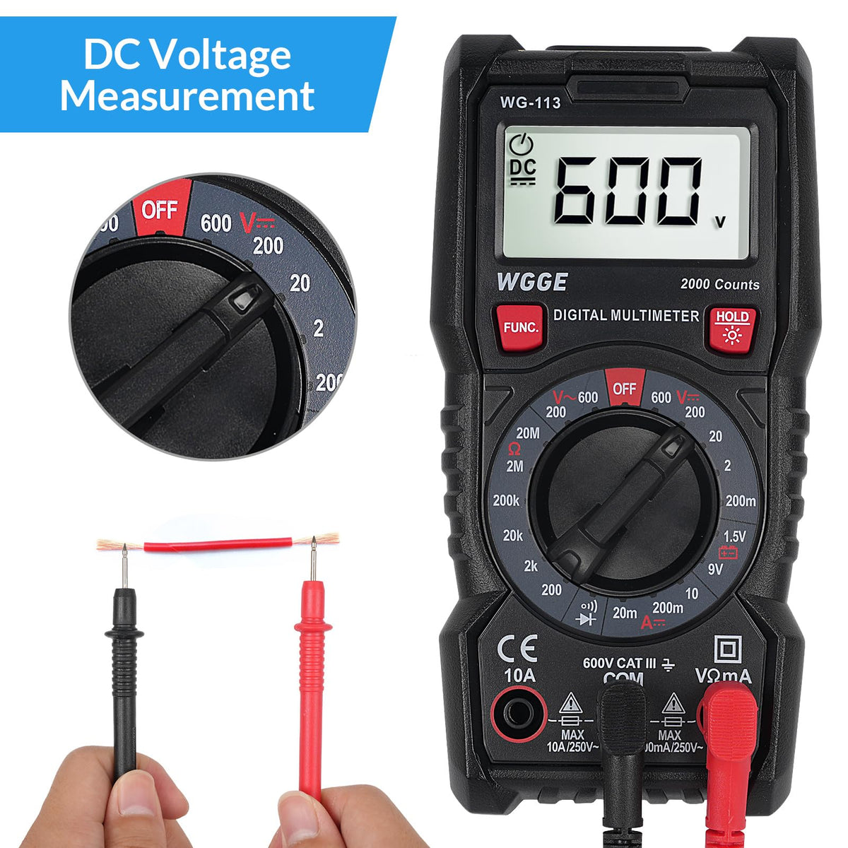 Digital Multimeter, 2000 Counts, CAT III 600V, AC/DC Voltage and DC Current
