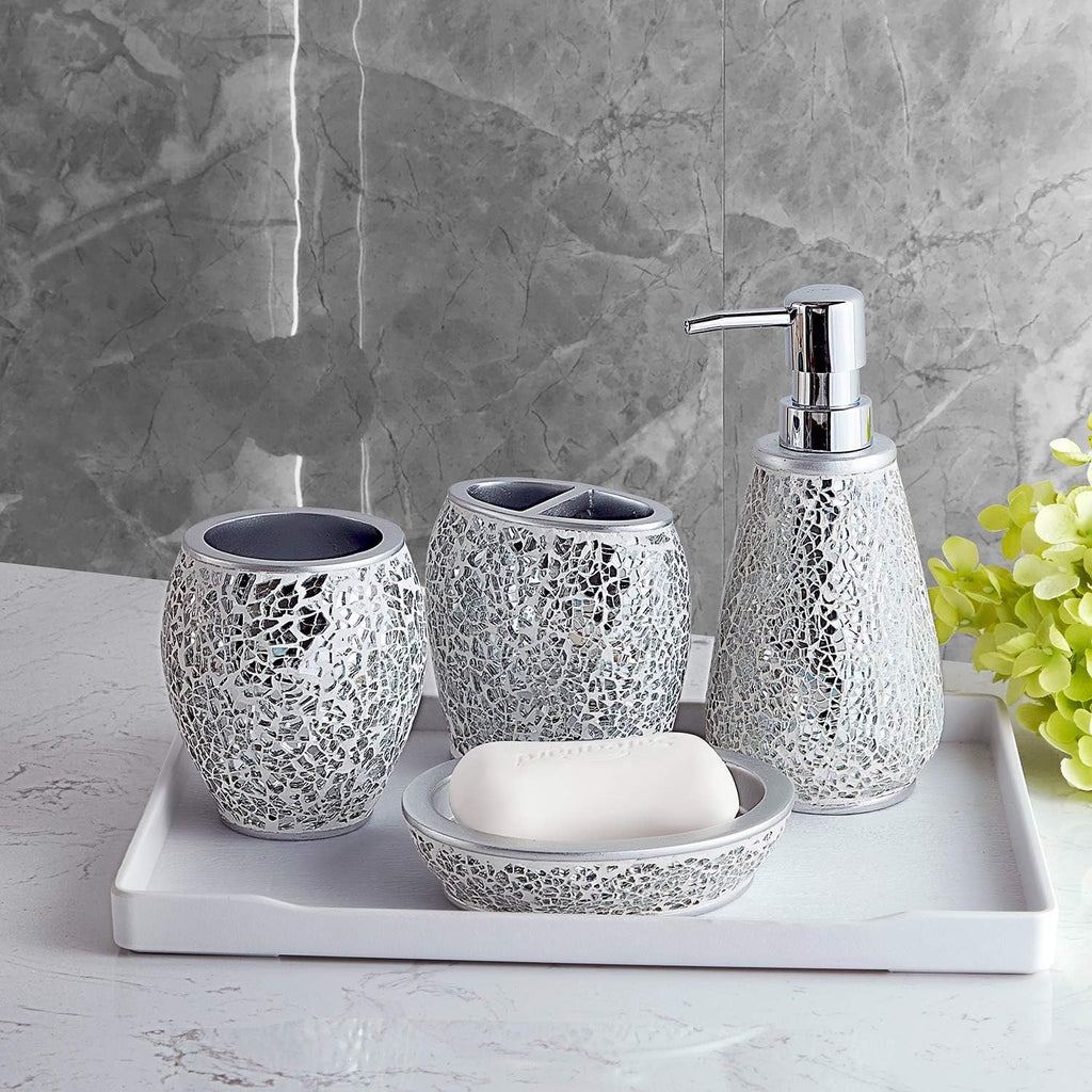 Luxury Modern Décor 4 Piece Bath Accessories Set Ensemble Included Bathroom Liquid Soap Lotion Dispenser Pump