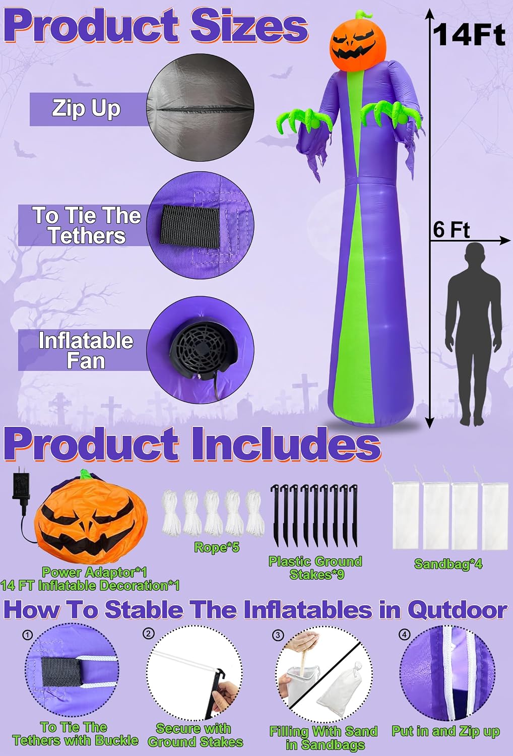 14 FT Giant Halloween Inflatable Pumpkin Outdoor Decorations | Built in 5 LED Lights,Blow Up Pumpkin for Yard Lawn