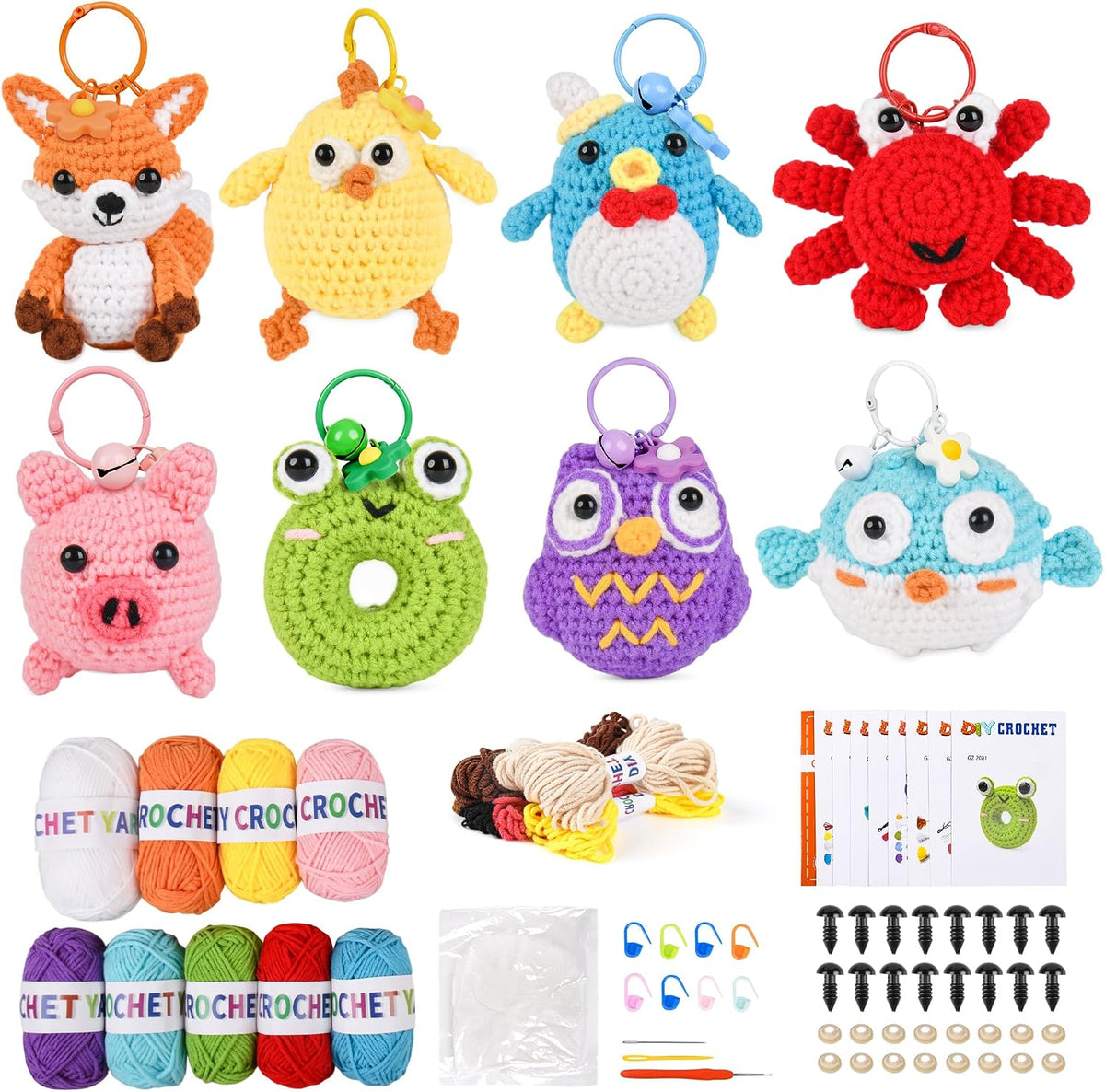 2026 Upgraded 8Pcs Christmas Crochet Kit for Beginners – DIY Animal Set with Step-by-Step Video Guides, Premium Yarn