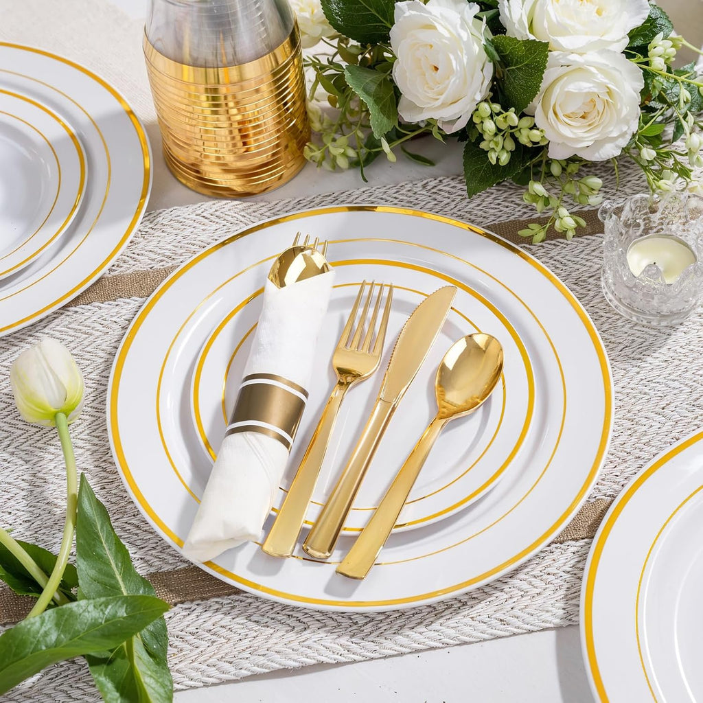 Disposable Plates & Gold Silverware Set, 350 Pieces for 50 Guests