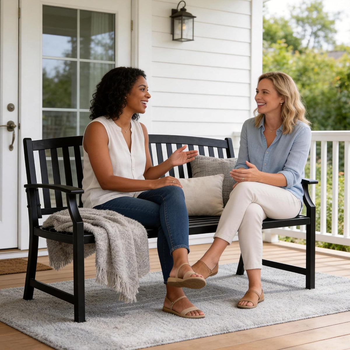 52" Farmhouse Outdoor Bench with Armrest, Black & Gold | Anti-rust Aluminum Frame, Faux Wood Grain Finish