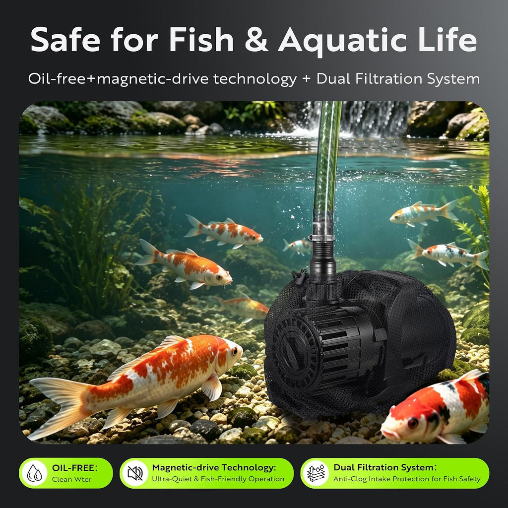100W Pond Pump, Adjustable Flow 690~1,800GPH Fountain Pump