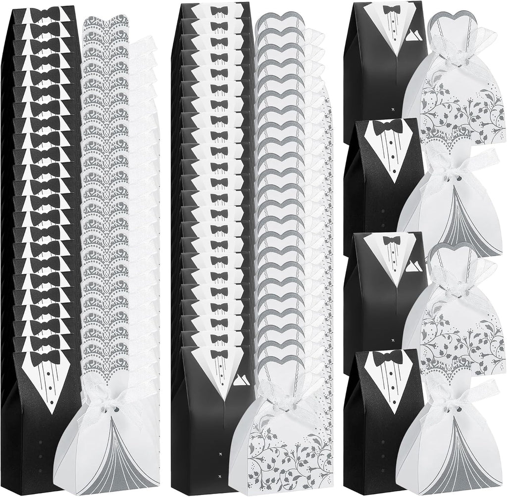 100 Pcs Wedding Candy Boxes, Tuxedo & Bride Favor Boxes, Creative Vintage Wedding Treat Bags with Ribbon for Bridal