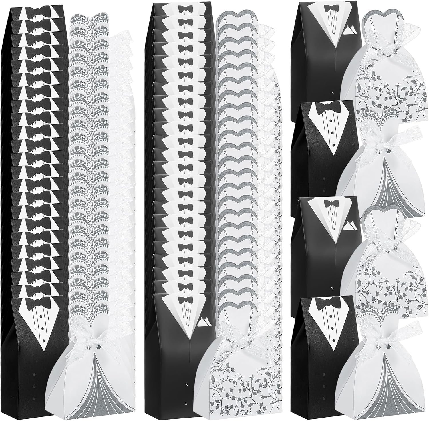 100 Pcs Wedding Candy Boxes, Tuxedo & Bride Favor Boxes, Creative Vintage Wedding Treat Bags with Ribbon for Bridal