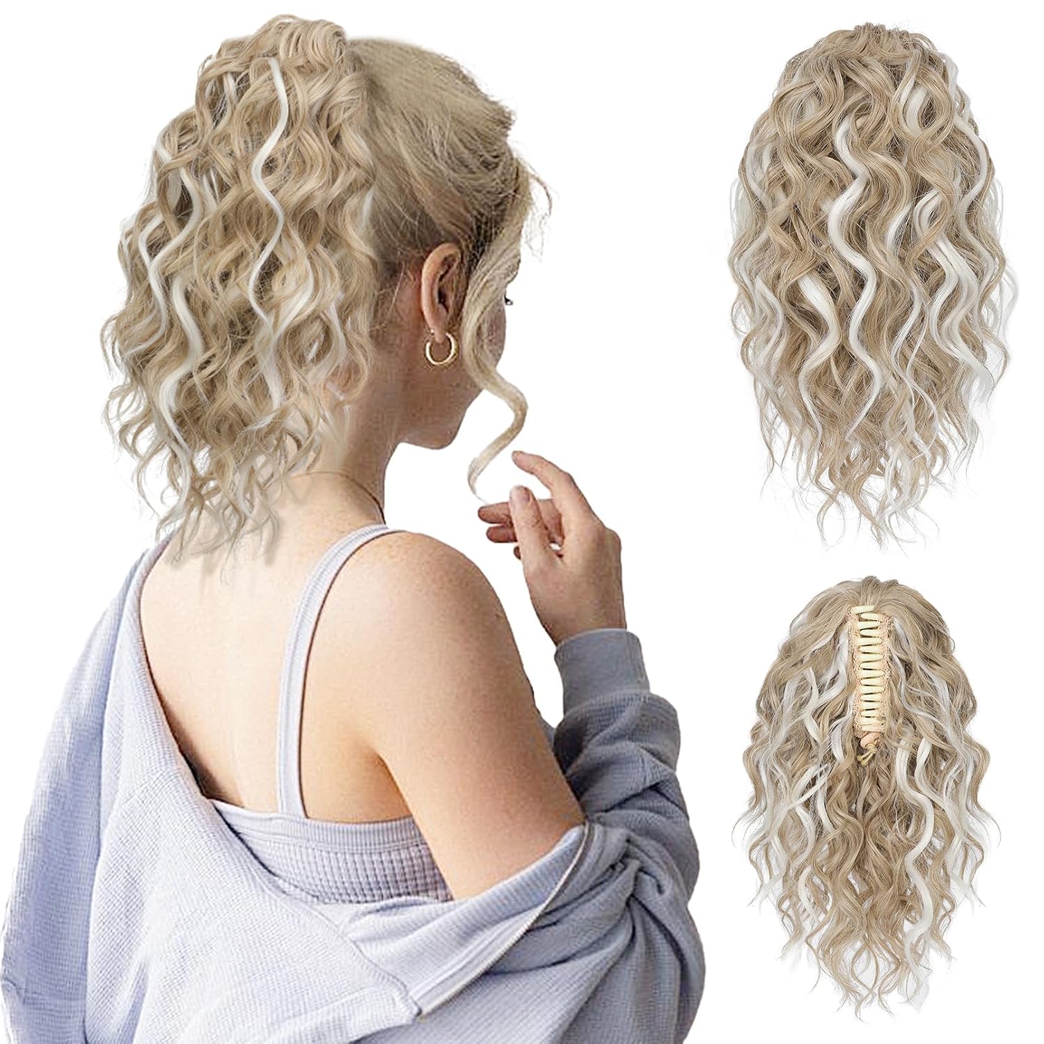 Ponytail Extension, 12" Short Claw Ponytail Extension Wavy Curly Jaw Clip in Pony tails Hair Extension Natural