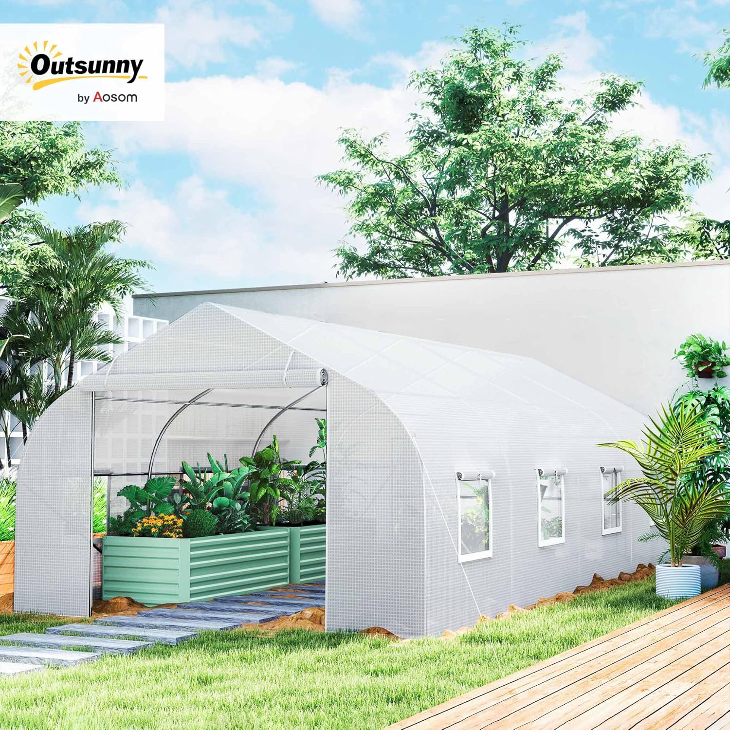20 x 10 x 7 ft Outdoor Walk-in Greenhouse Zippered Door White | Tunnel Green House, Roll-up Windows, PE Cover, Heavy
