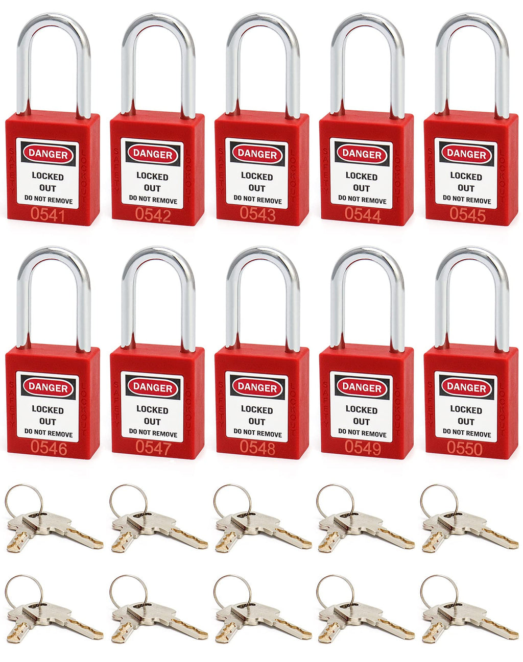 Red Lockout Tagout Safety Padlock, 2 Padlocks with 4 Keys (Red, 10 Pack)