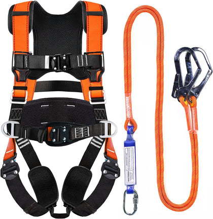 Fall Protection Premium Safety Harness with Shock Absorbing Lanyard, Vented & Padded Shoulder, Legs & Back - Upgrade