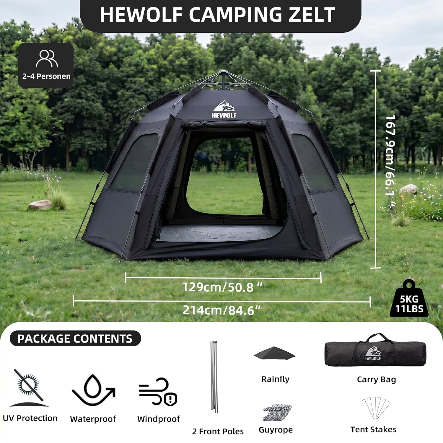 2/3/4 Person Camping Tent - Instant Pop Up Waterproof 2 Doors Tent with Easy Setup | 3-Season Hexagonal Dome Design