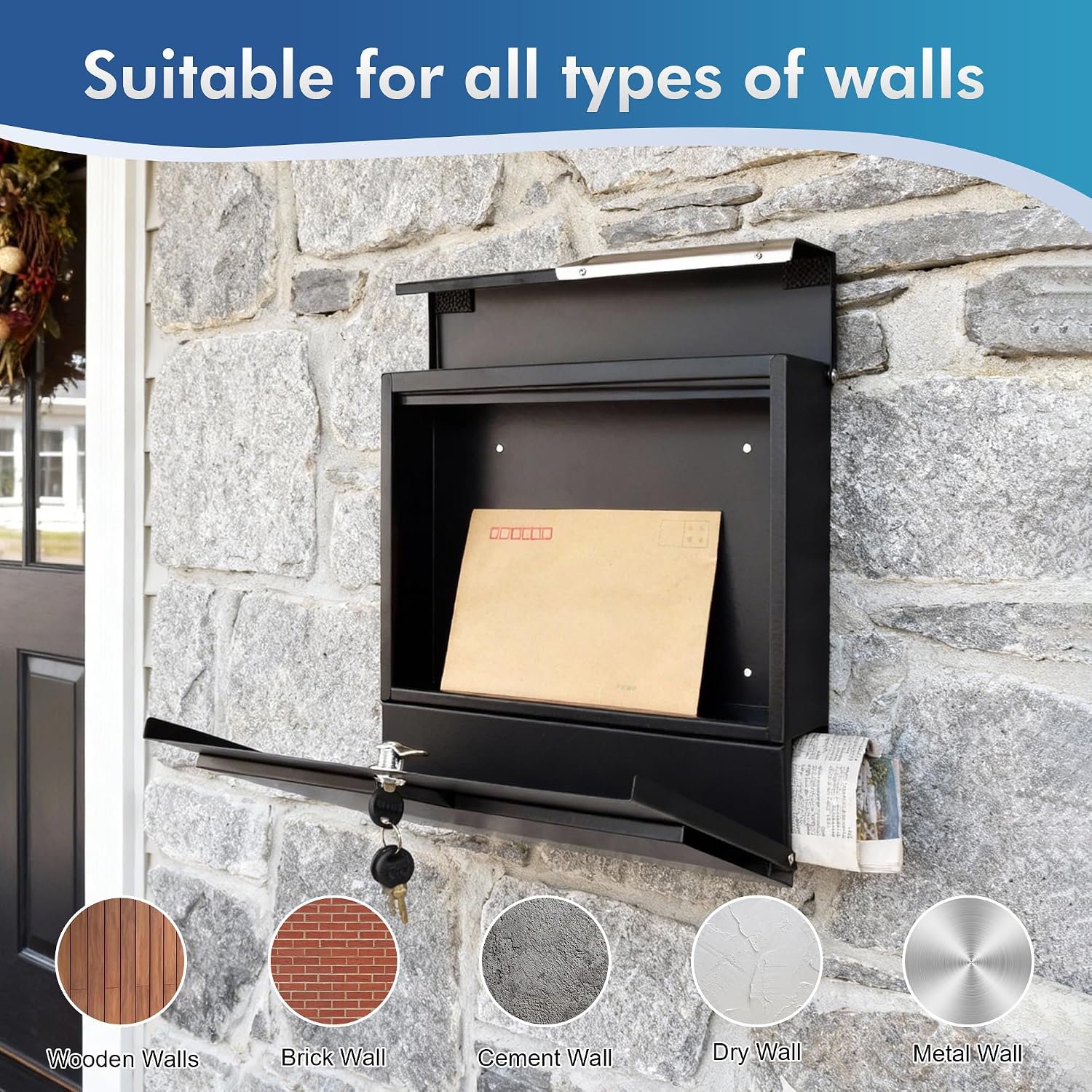 Metal Mailbox Wall Mount, Large Locking Mailbox with Key Lock, Hanging Secure Postbox, Security Key Drop Box