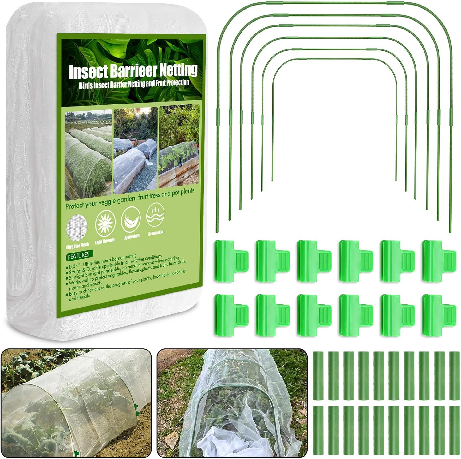67pcs Garden Mesh Netting Kit,6 Sets Wide Garden Hoops with 10x20 ft Garden Covers Bird Netting& 12 Clips, Garden