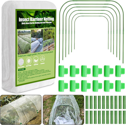67pcs Garden Mesh Netting Kit,6 Sets Wide Garden Hoops with 10x20 ft Garden Covers Bird Netting& 12 Clips, Garden