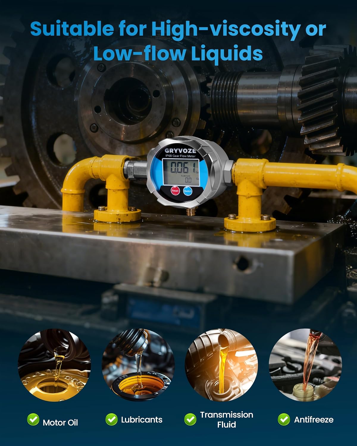 1/2 in NPT Digital Gear Flow Meter, 0.05-6.6 GPM, 0.5% Accuracy