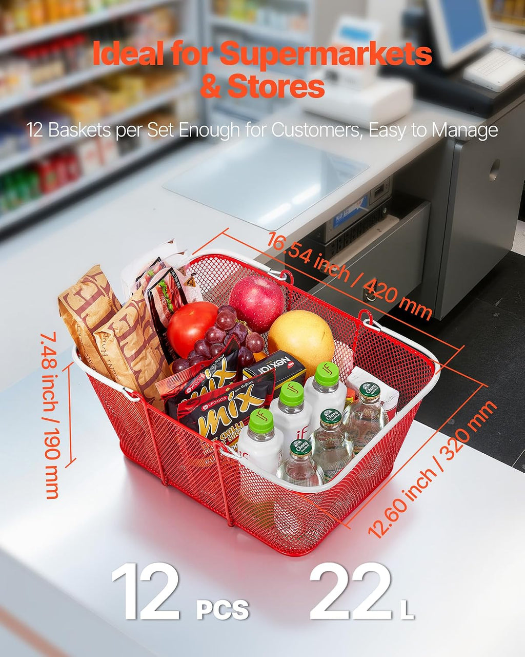 Shopping Baskets, 12 PCS, 22L Stackable Metal Grocery Baskets with Handles, Dense Mesh Structure, Holds up to 44 lbs