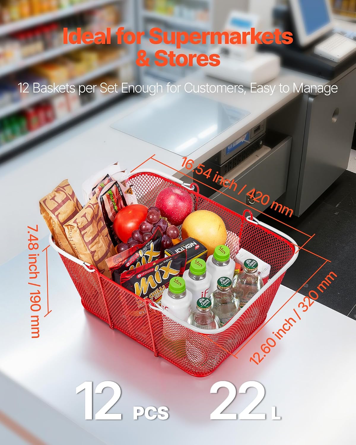 Shopping Baskets, 12 PCS, 22L Stackable Metal Grocery Baskets with Handles, Dense Mesh Structure, Holds up to 44 lbs