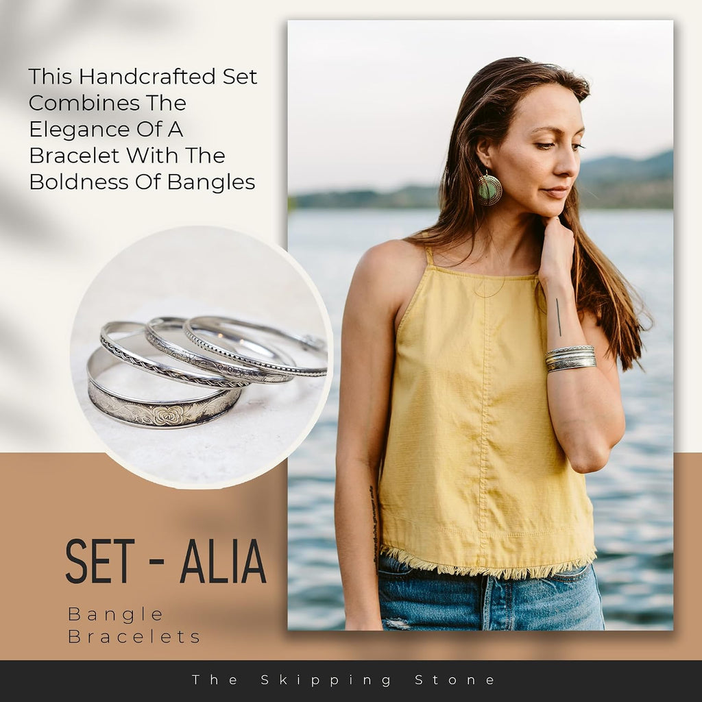 Alia Bangle Bracelets Set - Set of 4 Handmade Brass Bangles with Silver Plating - Durable & Lightweight Bangles for