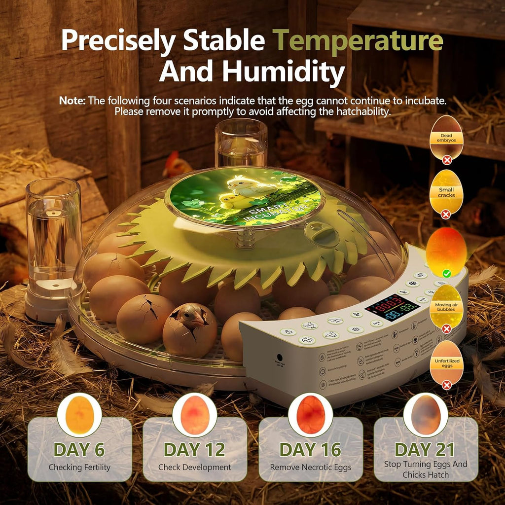 22 Eggs Smart Incubator, One-Click Hatching, Automatic Temp Humidity Control, Auto Egg Turner, Built-in Egg Candler