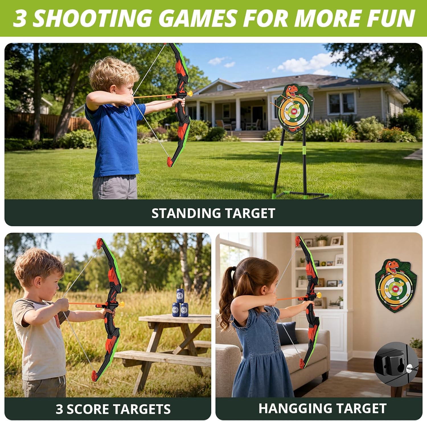 Bow and Arrow for Kids, LED Light Up Archery Set, Green | with 12 Suction Cup Arrows, 1 Standing Target, 3 Score