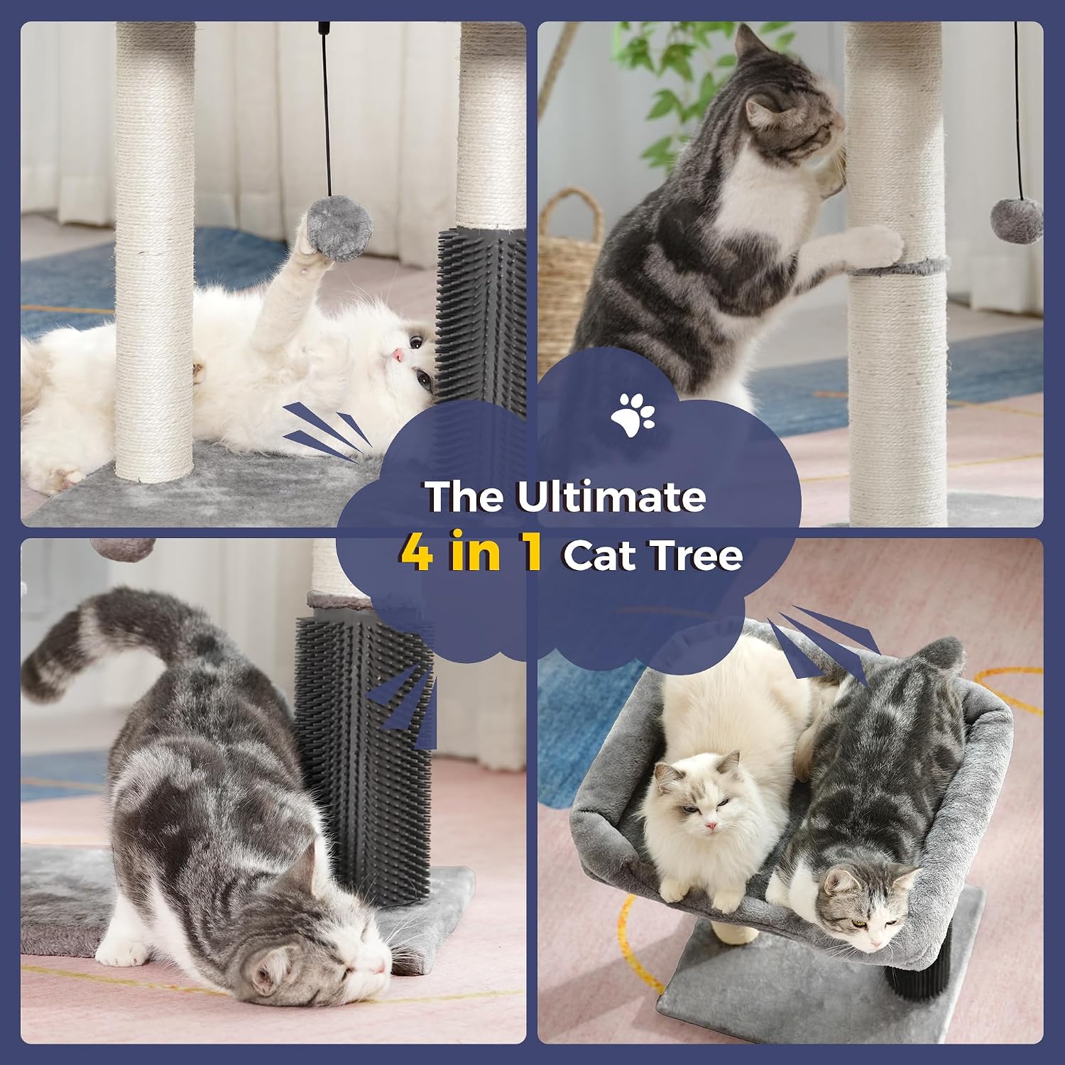 Cat Tree Tower for Large Cats Cat Scratching Post with 20x15.7”Wide Top Bed, Self Groomer, Thick Scratch Post