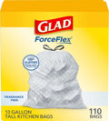 ForceFlex Tall Kitchen Drawstring Trash Bags, 13 Gal, Fragrance Free, 110 Ct (Package May Vary)