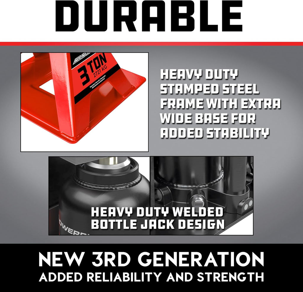 3 Ton All-in-One Hydraulic Bottle Jack and Jackstand in One, Compact, Wide Base, 11-21 Inch Range, Eliminates