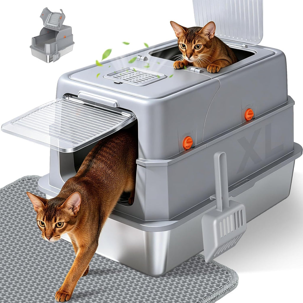 Stainless Steel Litter Box with Lid, High Sided Enclosed Metal Litter Box for Big Cats, Easy Cleaning Anti-Urine
