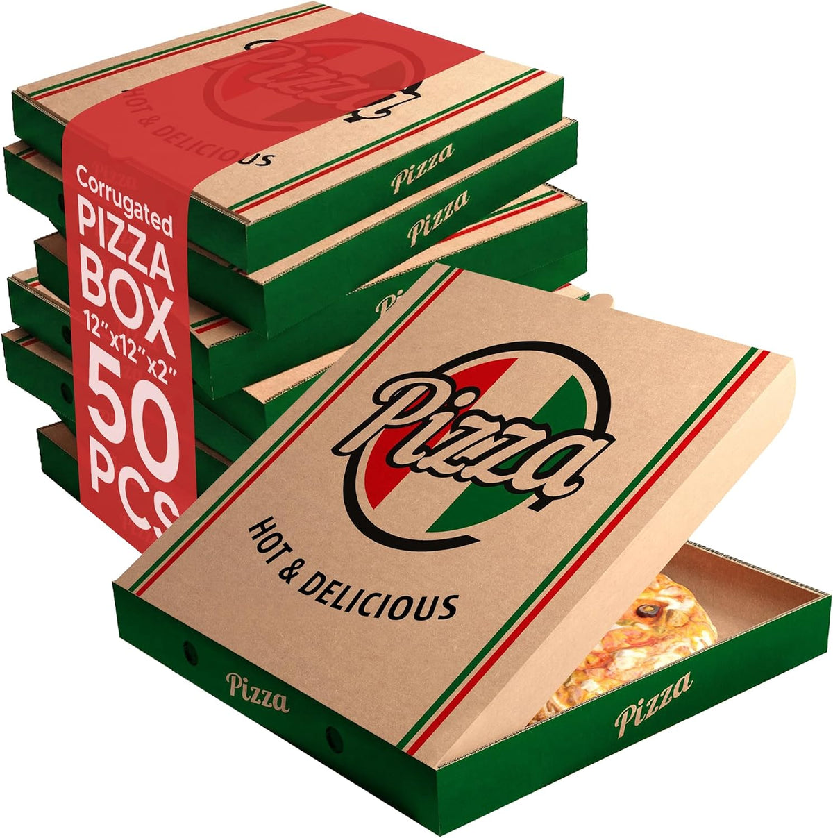 BULK Disposable Pizza Boxes 50 Pack | 12 Inch | Brown Kraft or White | E-Flute | Designed - Hot & Delicious