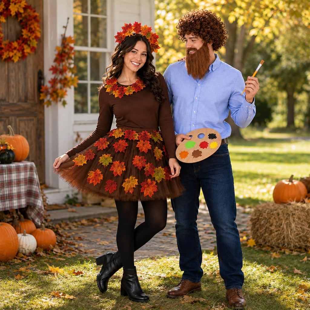 80s Painter Couple Costume Include Leaf Tutu,Headband,Garland,Curly Wig Beard and Painting Brushes Set for Adults