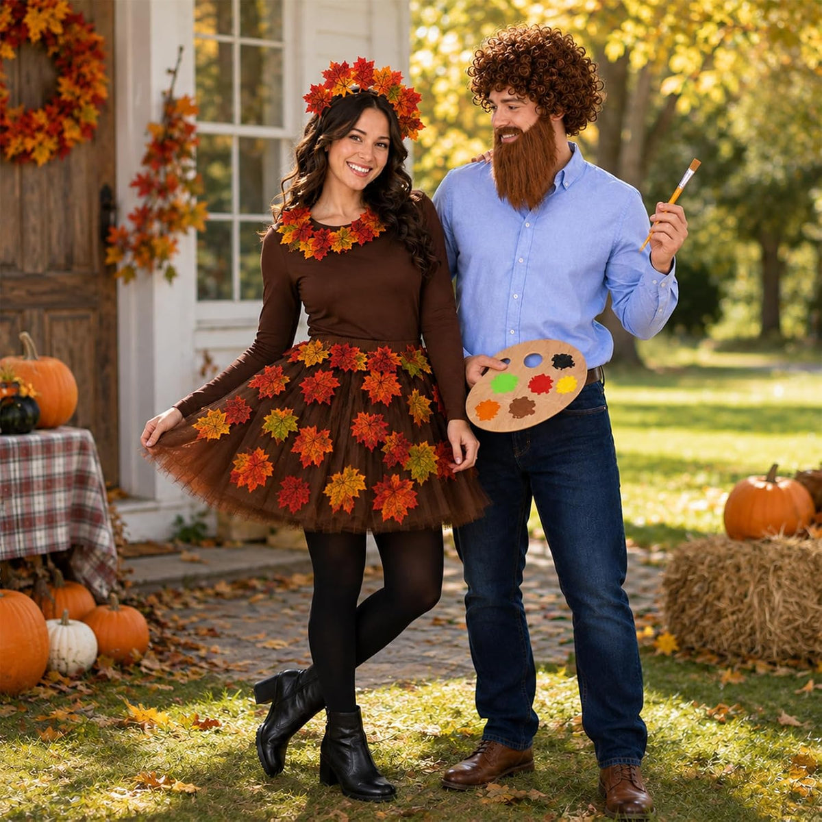 80s Painter Couple Costume Include Leaf Tutu,Headband,Garland,Curly Wig Beard and Painting Brushes Set for Adults