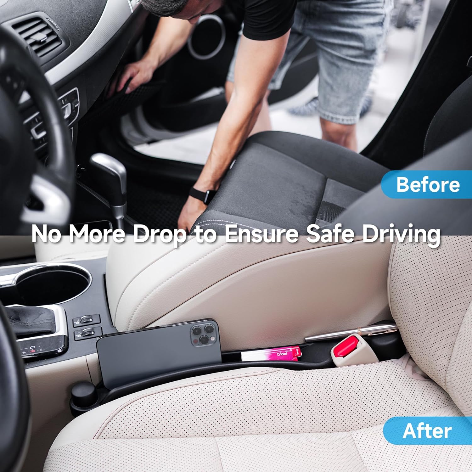 Car Seat Gap Filler Set of 2, Soft Foam Multifunctional Seat Side Gap Filler with Organizer & Hook Function, 3in1 Gap