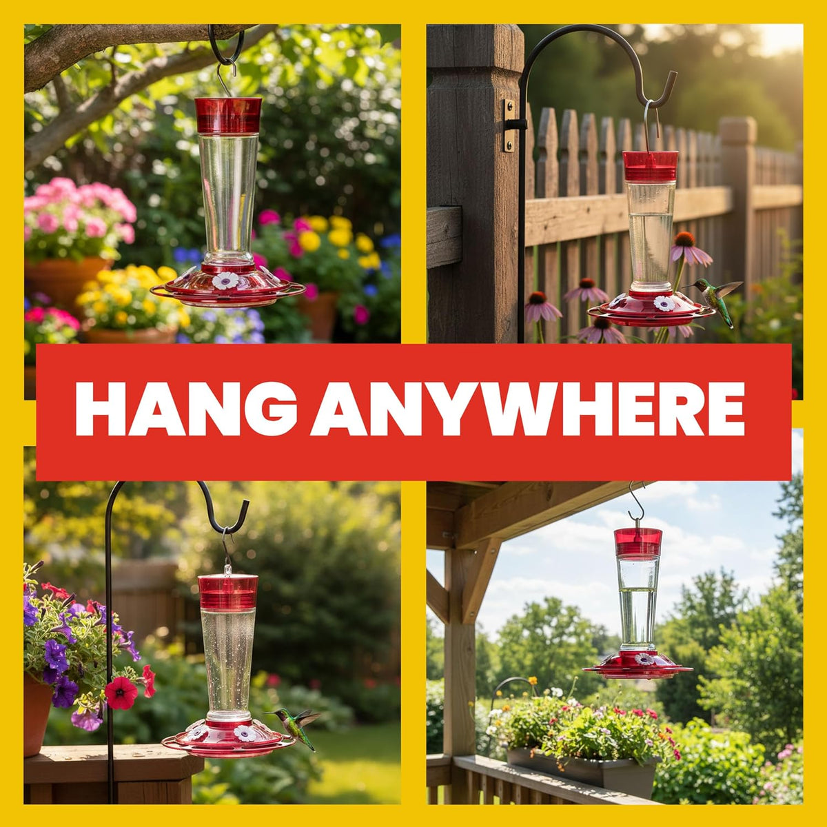 Bird Health+ Ruby Hummingbird Feeder, Glass Hummingbird Feeders for Outdoors, 4 Feeding Stations, 10 Ounces, Ruby Red