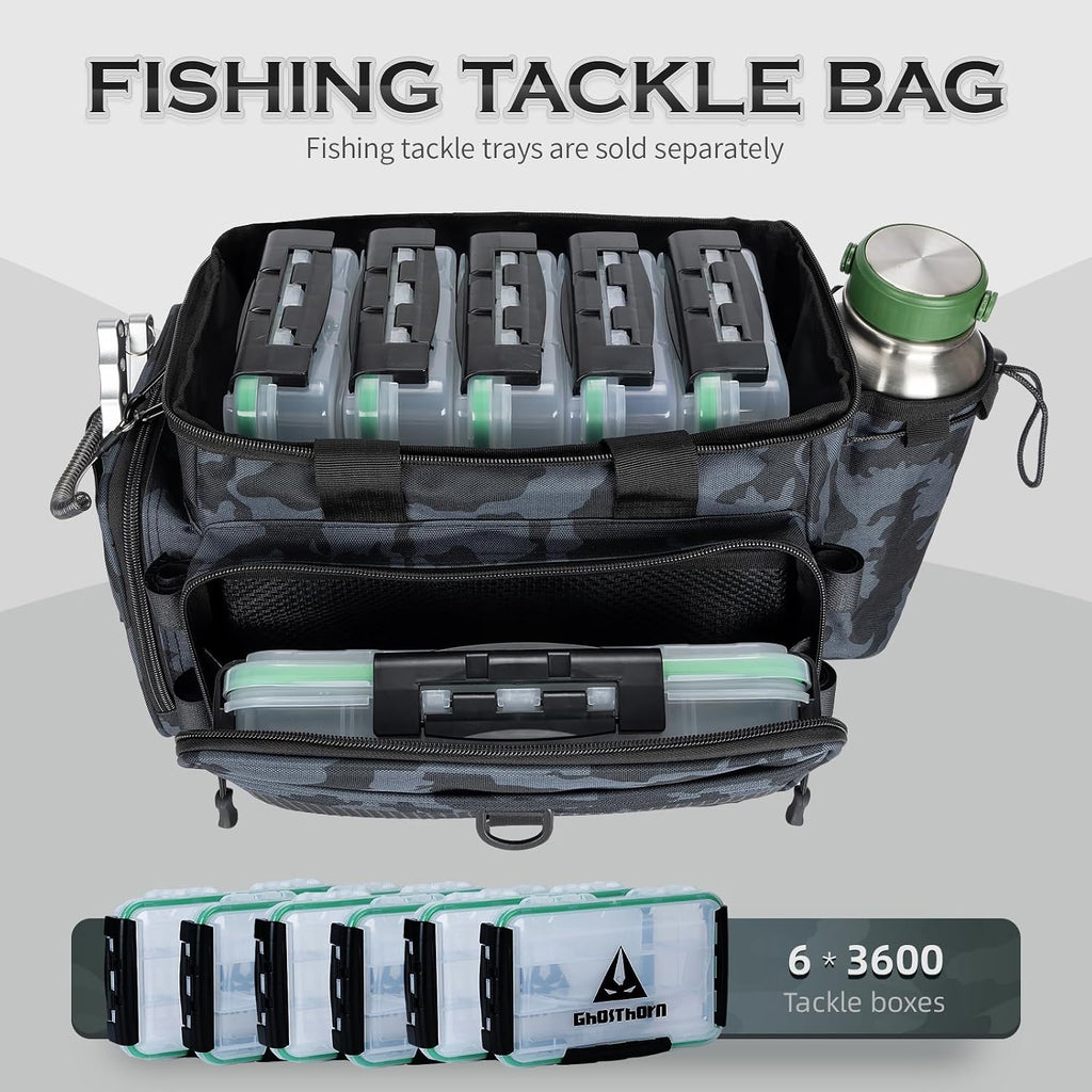 Large Fishing Tackle Bag with Rod Holder Waterproof Gear Storage | Waterproof Fishing Bag with Padded Shoulder Strap