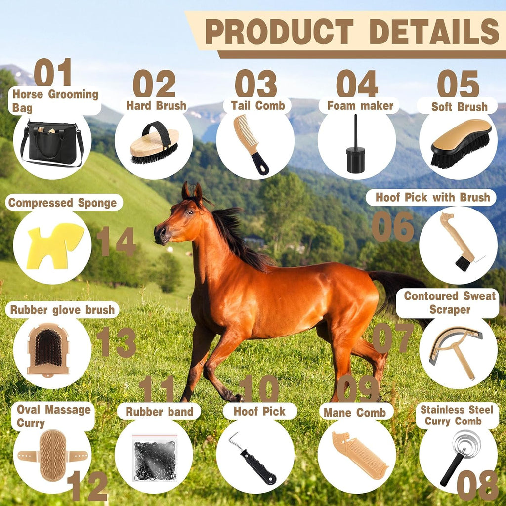 15 Pieces Horse Grooming Kit with Organizer Tote Bag Tack Room Supplies Horse Brush Sets Care Equine Cleaning Kit