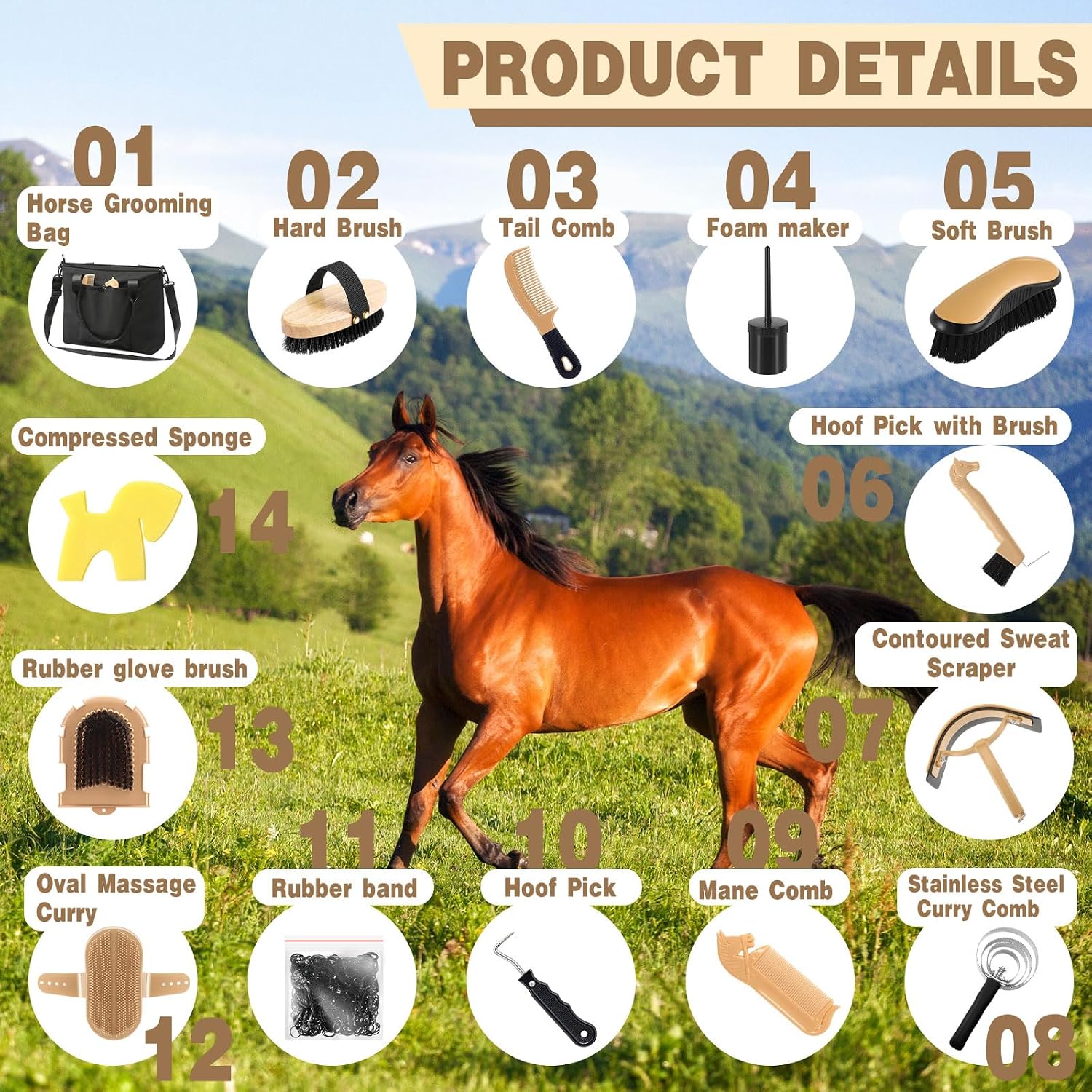 15 Pieces Horse Grooming Kit with Organizer Tote Bag Tack Room Supplies Horse Brush Sets Care Equine Cleaning Kit