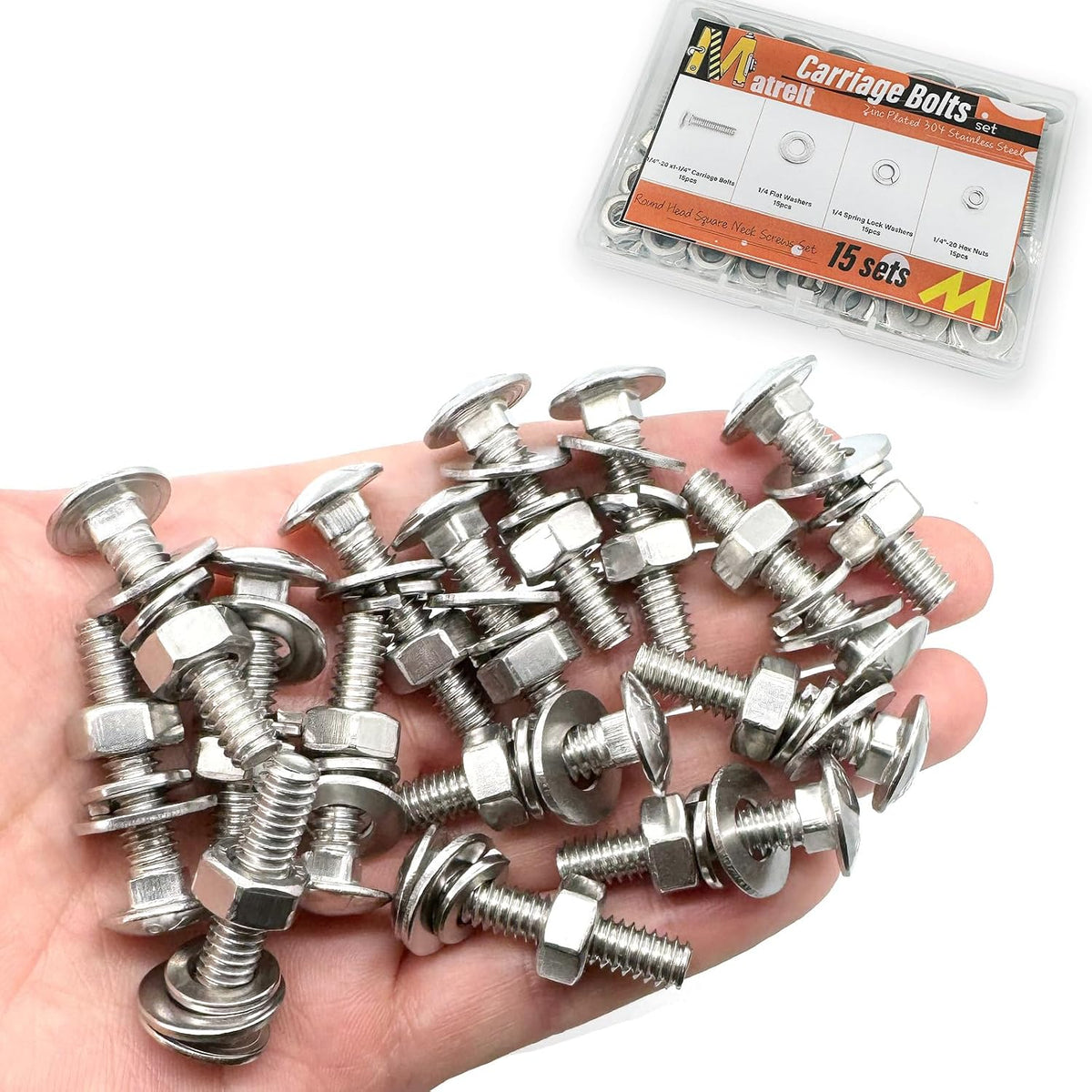 15 Sets 1/4"-20 x1-1/4 Carriage Bolts Round Head Square Neck Screws with Hex Nuts Flat Washers Spring Lock Washers