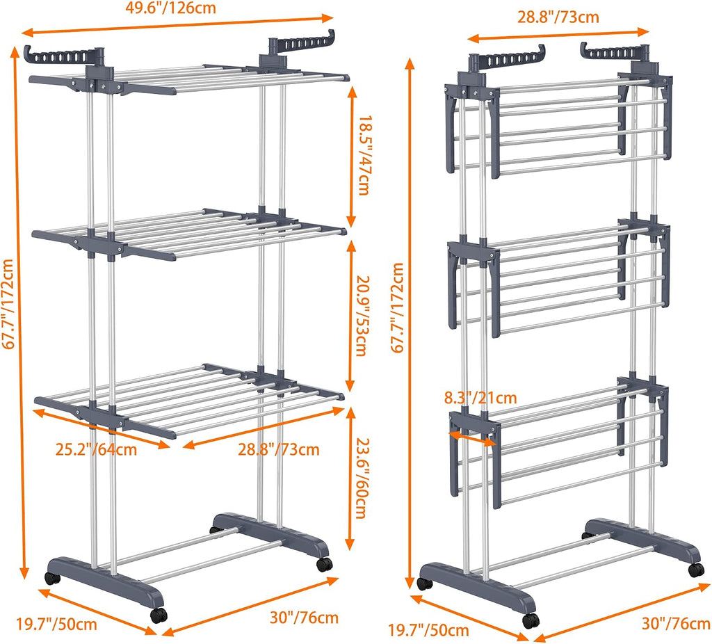 Clothes Drying Rack, 4-Tier(67.7" H) Foldable Drying Rack Clothing | Foldable Stainless Steel Drying Rack, Movable