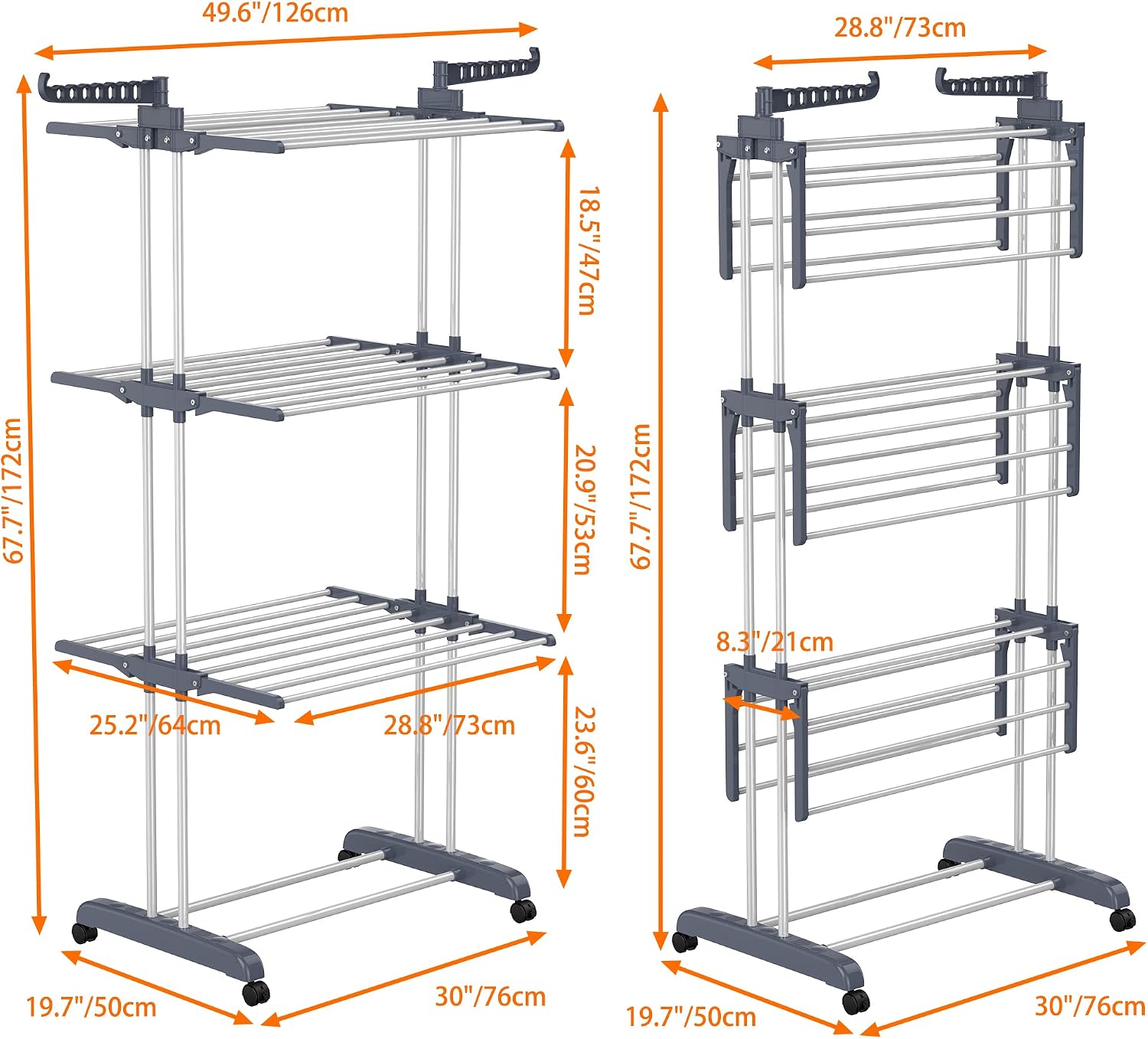 Clothes Drying Rack, 4-Tier(67.7" H) Foldable Drying Rack Clothing | Foldable Stainless Steel Drying Rack, Movable