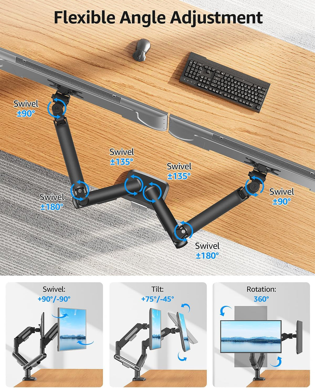 Dual Monitor Mount, Heavy Duty Monitors Arm | Holds 4.4-26.5lbs, Monitors Arm for 39 37 34 32 27inch, Height