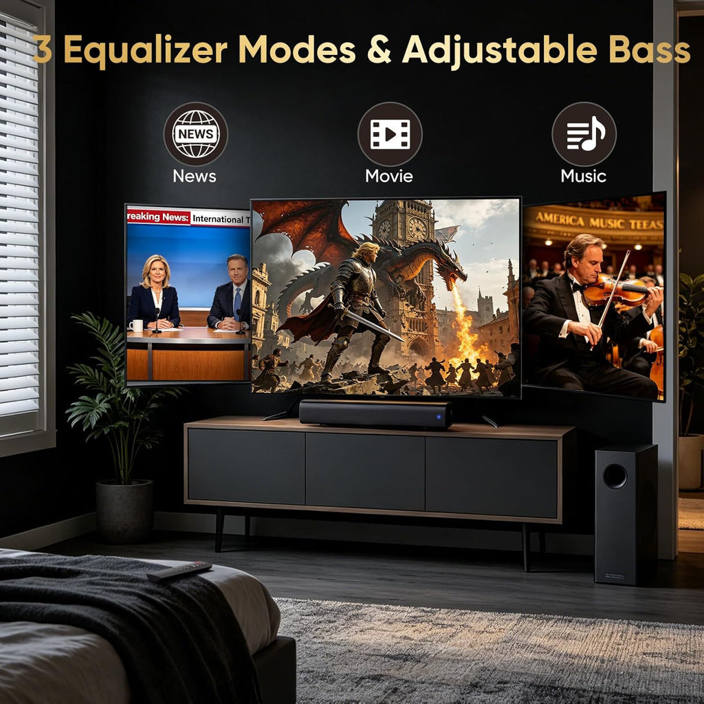 Sound Bar with Wired Subwoofer for TV, 70W 2.1 Channel Soundbar | 14" Compact Design, Deep Bass, Surround Sound