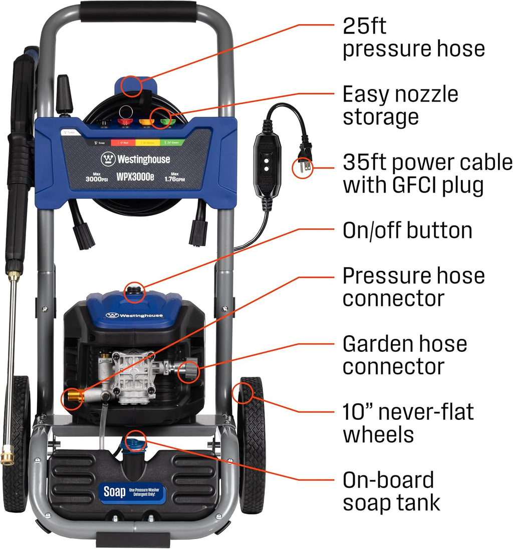 WPX3000e Electric Pressure Washer, 3000 Max PSI and 1.76 Max GPM, Induction Motor, Onboard Soap Tank, Spray Gun and